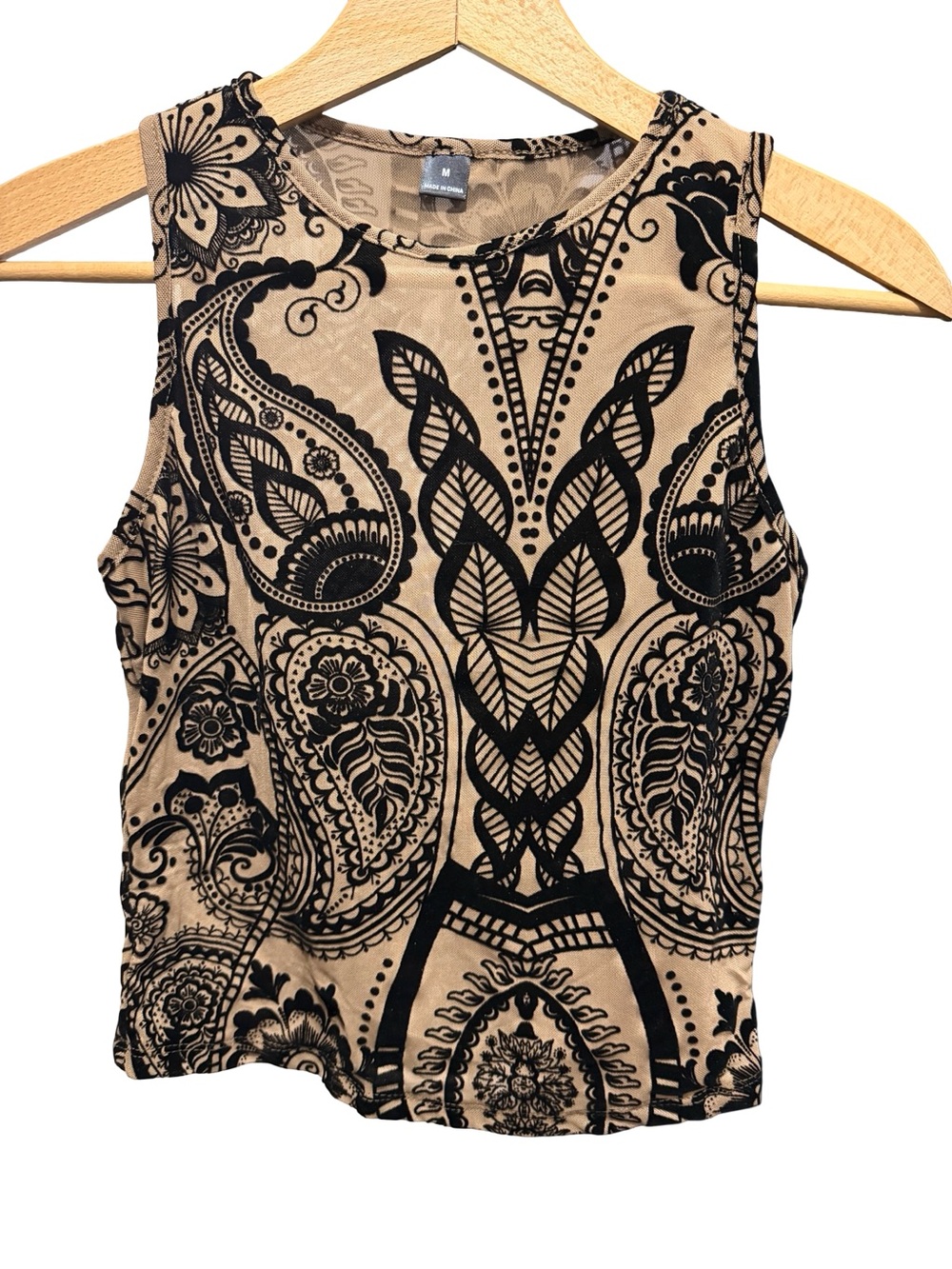 Sleeveless Beige & Black Paisley Print Tank Top